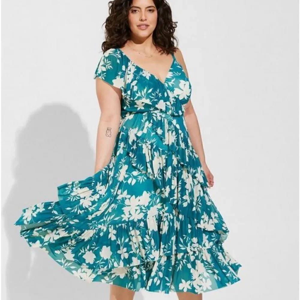 Torrid Mesh Ruffle Detailed Floral Print Dress Modern Event Party Resort Boho